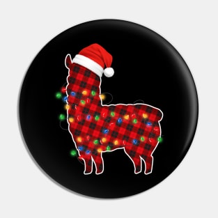 Llama Wearing Santa Hat Christmas Tree Lights and Red Buffalo Plaid Pin