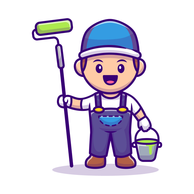 Painter With Roll Brush And Bucket Paint Cartoon by Catalyst Labs