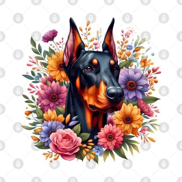 A doberman with beautiful colorful flowers by CreativeSparkzz