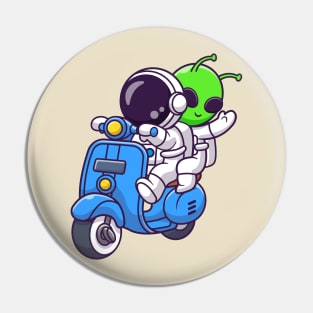 Cute Astronaut And Alien Riding Scooter Cartoon Pin