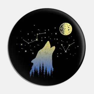 Wolf Howling at Stars Constellations and Moon Gift Pin