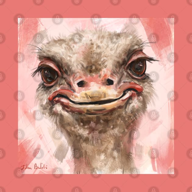 Close up Painting of a Funny Looking Smiling Ostrich on Contemporary Pink Salmon Background by ibadishi