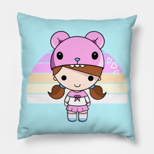 Kawaii Girl in Pink and Rainbow Pillow