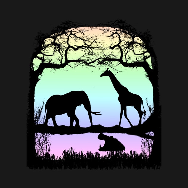 Night picture with Elephant, Giraffe and Hippo in Africa by T-SHIRTS UND MEHR