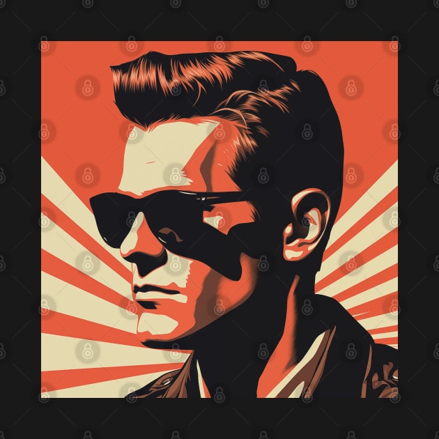 Vector Vintage Red Illustration – 1950s Gentleman with Dark Shades and Fashionable Hairstyle Amid Vintage Sunbeams. by Art KateDav