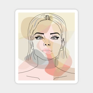 Lady line drawing face , hair ,neck, shoulder  and abstract mixed colors background , modern art Magnet