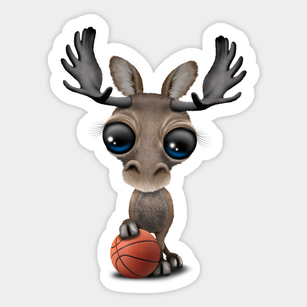 Cute Baby Moose Playing With Basketball Basketball Sticker
