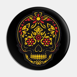 Regal Elegance: A Striking Black, Red, and Gold Sugar Skull Art Pin