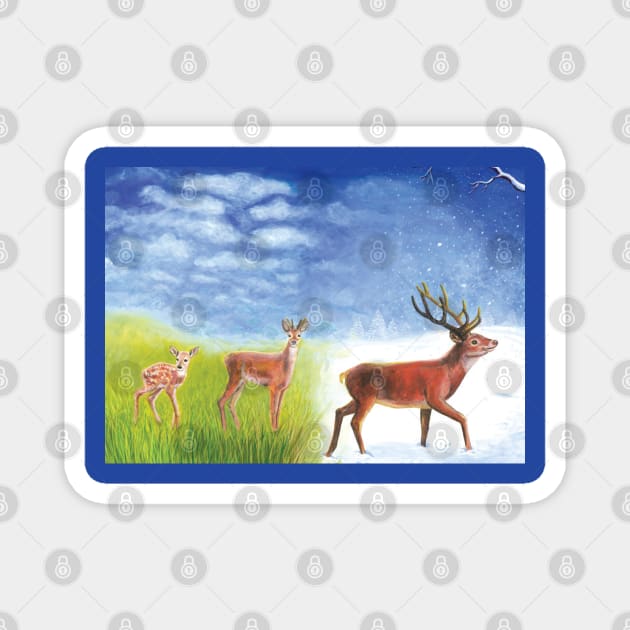 The Red Deer Lives Through the Seasons Illustration Magnet by Julia Doria Illustration
