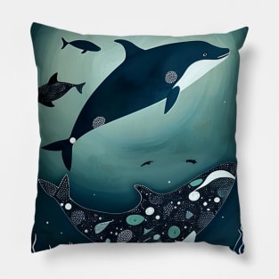 Orcas in the Deep Ocean - Inuit Art Pillow