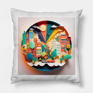 3D Effect Papercut Art - Cityscape Scene Pillow