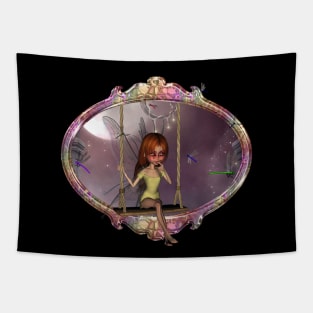 Little fairy on a swing with dragonfly in the night Tapestry