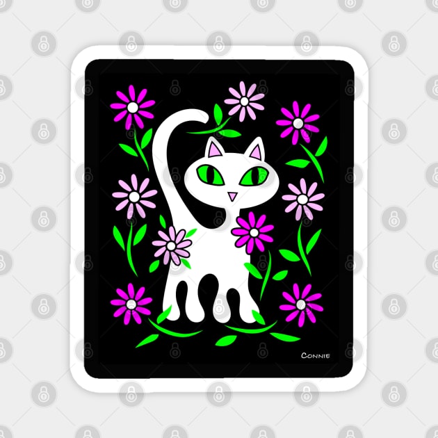 White Cat in Flower Garden Magnet by Designs by Connie