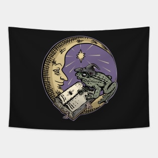 Frog Witch, Book and Moon Dark Academia Halloween Tapestry