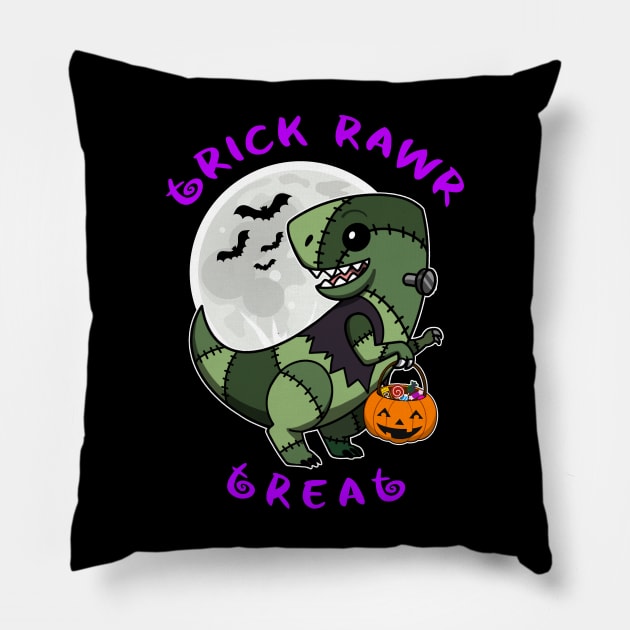 Trick Rawr Treat | Halloween Dinosaur costume cute T Rex Frankenstein kawaii Pillow by JustJoshDesigns