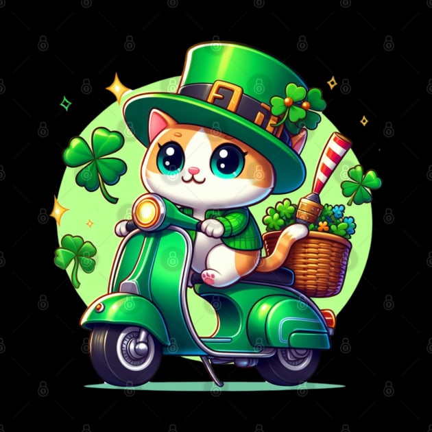 Celebrate St Patricks Day with a cute and colorful Cat on a Motorcycle design by click2print