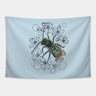 Blue, Orchard, Mason Bee Doodle Tapestry