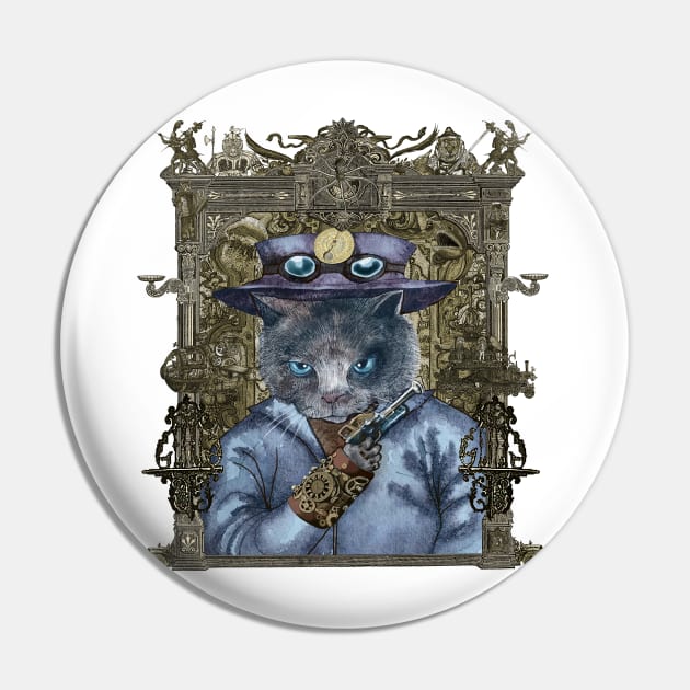 Cat in Blue Leather Jacket with Magical Bracelet in Steampunk Frame Pin by FelisSimha