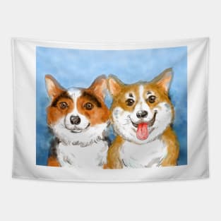 Watercolor dog pet portrait painting of Corgis Tapestry