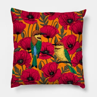 Bee eaters and poppies on orange Pillow