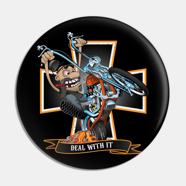 Deal with it -  funny biker riding a chopper, popping a wheelie motorcycle cartoon Pin by hobrath