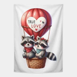 Valentine Raccon Couple On Hot Air Balloon Tapestry