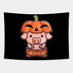 Little Pink Pig dresses as a Pumpkin for Halloween Tapestry