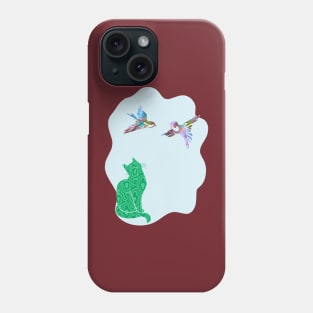 Camouflage Green Cat Watching Birds Silhouette Art Phone Case