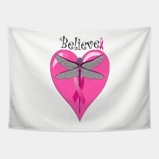 Believe Breast Cancer Awareness Go Pink for October, Dragonfly Faith & Fight Shirt, Mugs, Bedding, Pillows, Clocks, Get Well Card & Gifts Tapestry