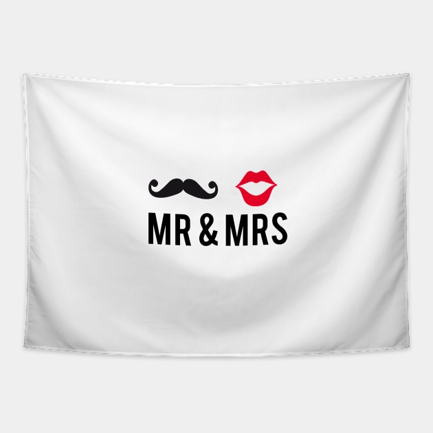 Mr and Mrs, text design with mustache and red lips Tapestry by beakraus