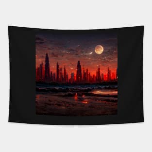 red sanded beach with a skyline that has a futuristic city Tapestry