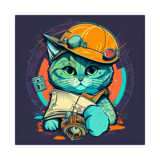 Catswithhardhats A curious and playful cat wearing a hard hat and holding a blueprint T-Shirt