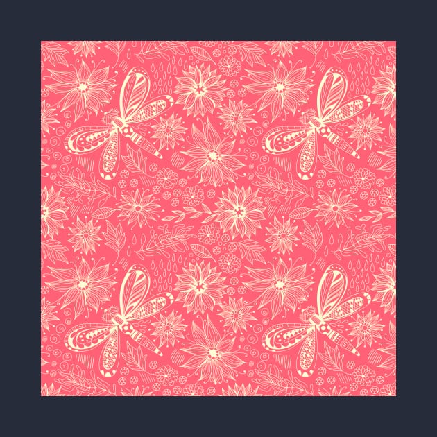 Dragonflies and flowers doodle pink by katerinamk