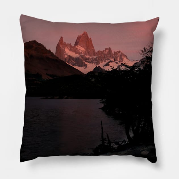 Alpenglow on Mount Fitz Roy at sunrise Pillow by stevepaint