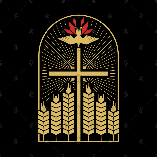 The cross of Christ, ripe ears of wheat and a dove - a symbol of the Holy Spirit. by Reformer