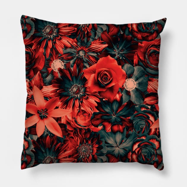 Dazzling Flowers - Red Passion - Enchanted Flowers Pillow by Juka