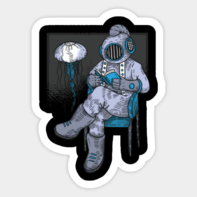 Quirky Ocean Art Diver Reading In Blue And Gray - Ocean - Sticker