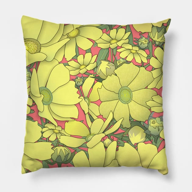 Tossed Yellow Cosmos Wildflowers on Deep Blush Pink Pillow by ArtticArlo