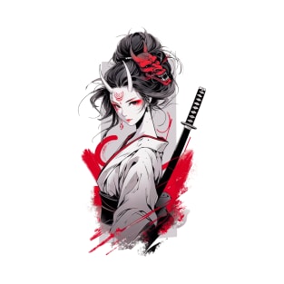 Beautiful girl with horns,  katana,Asian drawing T-Shirt