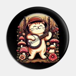 Cute Cottagecore Aesthetic Cat Playing Banjo Mushroom Pin