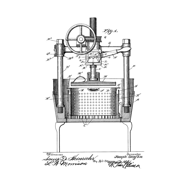 Wine Press Vintage Patent Hand Drawing by TheYoungDesigns