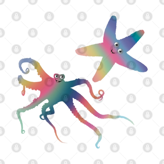 Happy Little Sea Creatures, Rainbow Colors, Octopus and Starfish Duo, Digital Illustration by cherdoodles