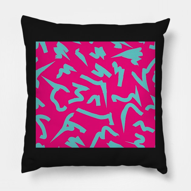 Dopamine Hot Pink and Teal Blue Bright Retro 80's Eighties Abstract Scribble Pillow by gloobella