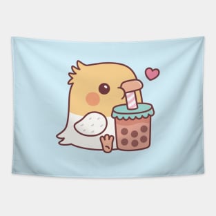 Cute Cockatiel Parrot Loves Drinking Bubble Tea Tapestry