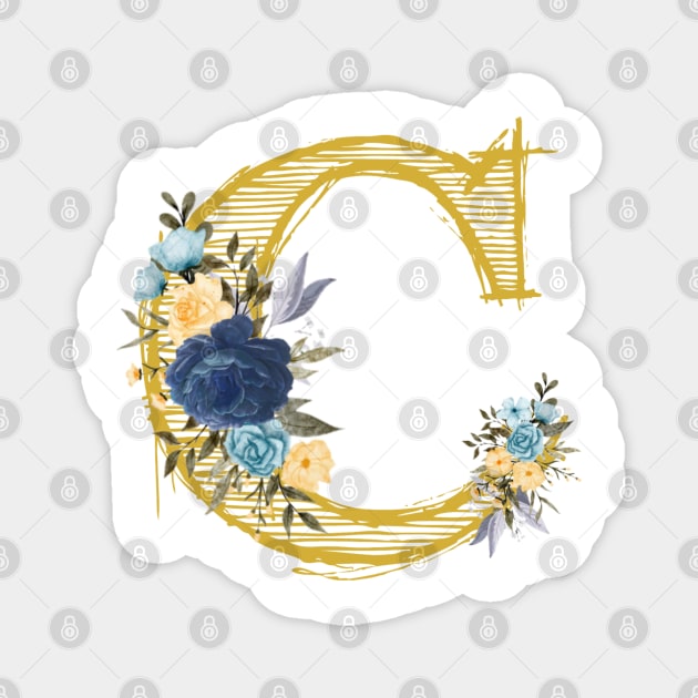 Monogram Letter C In Metallic Gold With Aesthetic Blue Flowers Botany Magnet by aspinBreedCo2