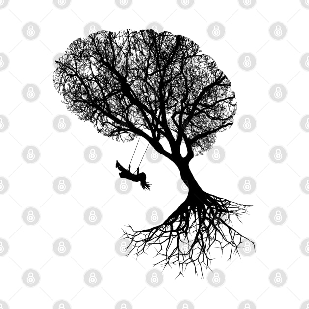 brain art, brain silouette with swing, tree branches shape of a brain by Collagedream