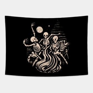 Skeletons Dancing Around a fire under the moon Tapestry