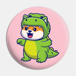 Cute Shiba Inu Dog Wearing Dino Costume Cartoon Pin