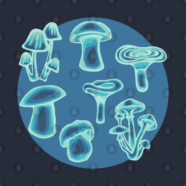 Psychedelic Teal Mushrooms Sticker Pack and All Over Print by Slightly Unhinged