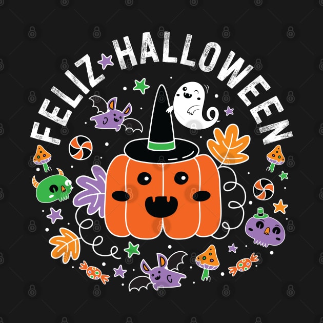 Feliz Halloween Cute Kawaii Pumpkin, Ghost, Vampire Bat, Mushroom by August Design